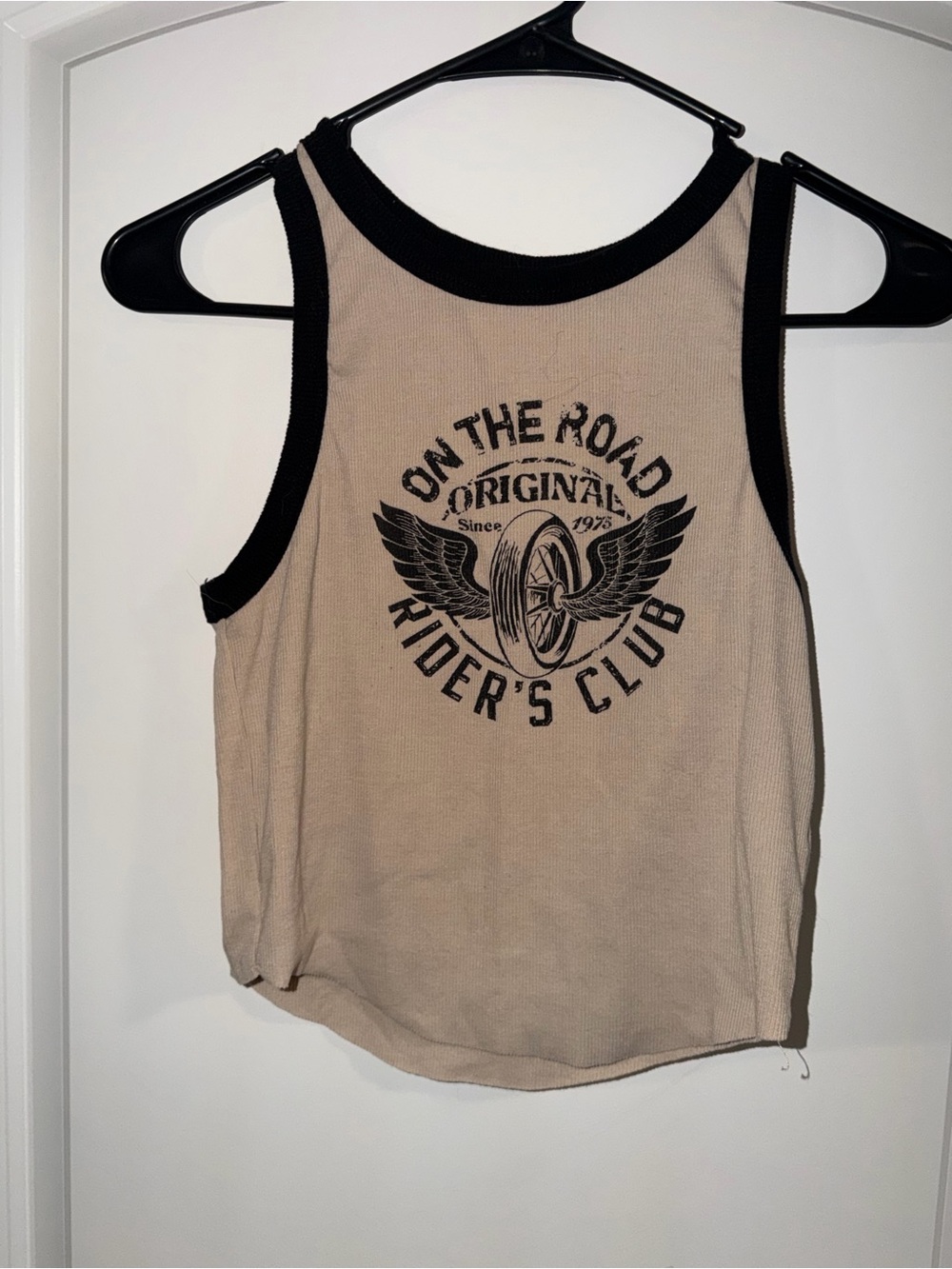 SHEIN Beige Tank Top with Black Trim and Rider Graphic